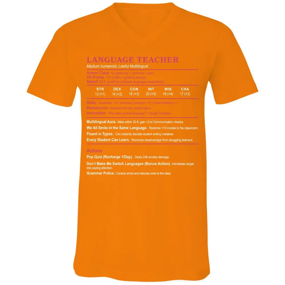 Language Teacher Unisex V-Neck T-Shirt - Orange - 11