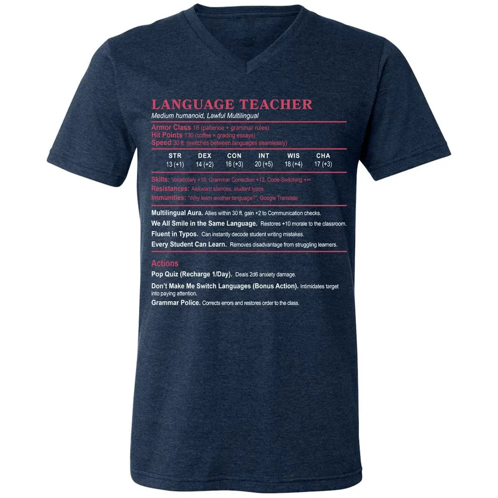 Language Teacher Unisex V-Neck T-Shirt - Heather Navy - 15