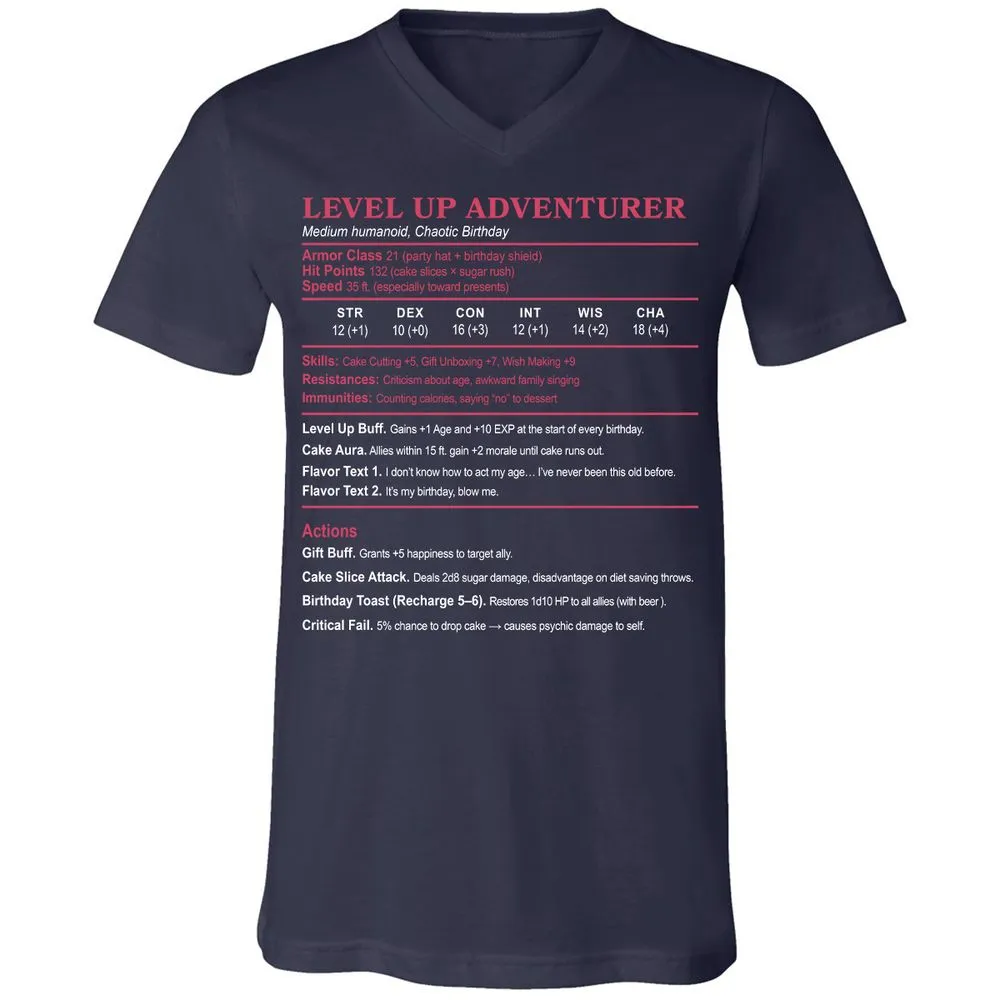 Level Up Adventurer Unisex V-Neck T-Shirt - Navy - 2