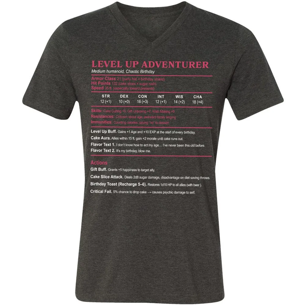 Level Up Adventurer Unisex V-Neck T-Shirt - Dark Grey Heather - 8