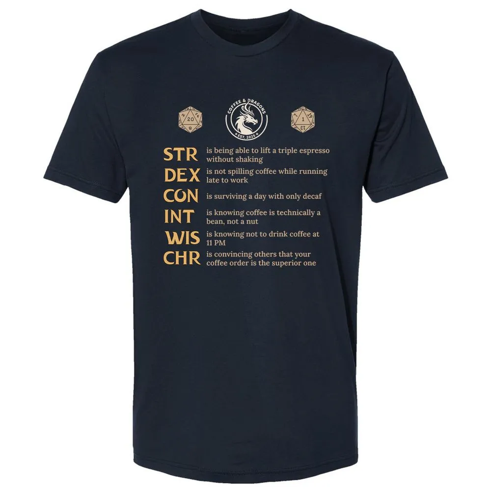 Coffee & Dragons RPG Stats Premium Unisex T-Shirt - Midnight Navy - 2