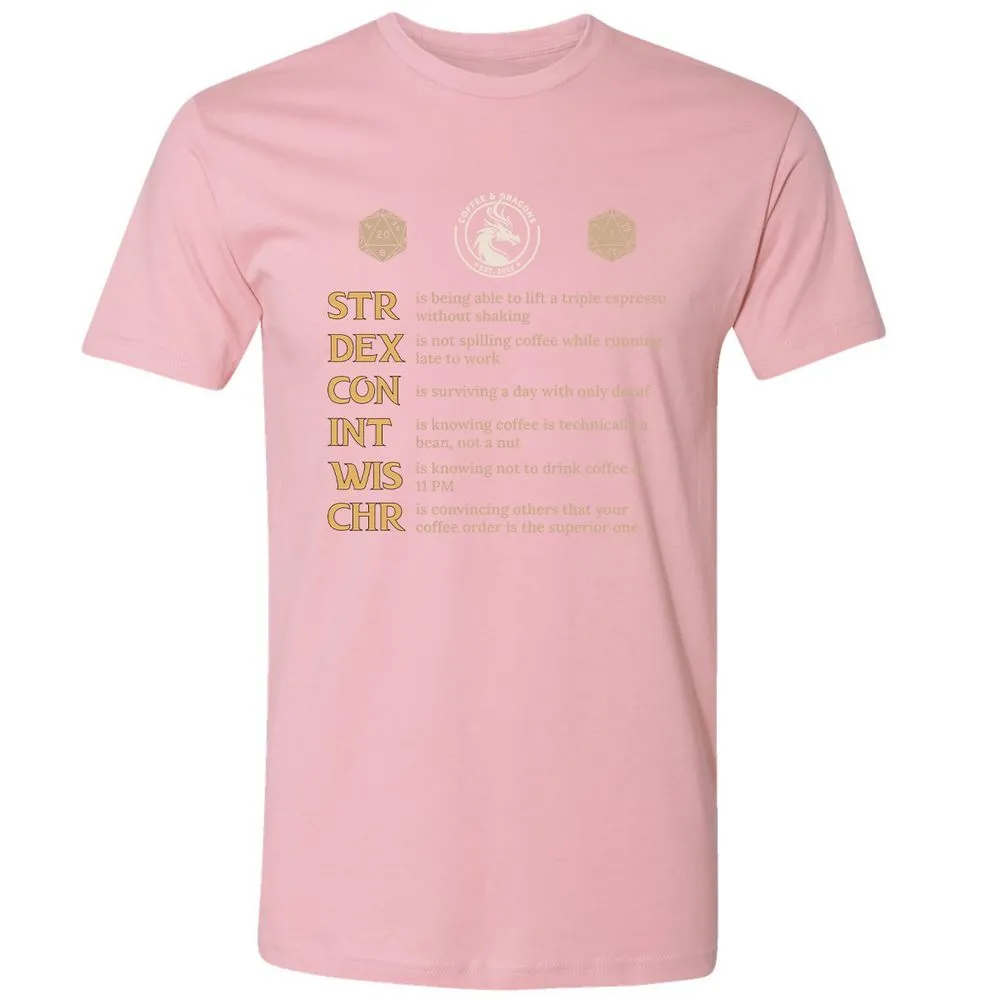 Coffee & Dragons RPG Stats Premium Unisex T-Shirt - Light Pink - 3