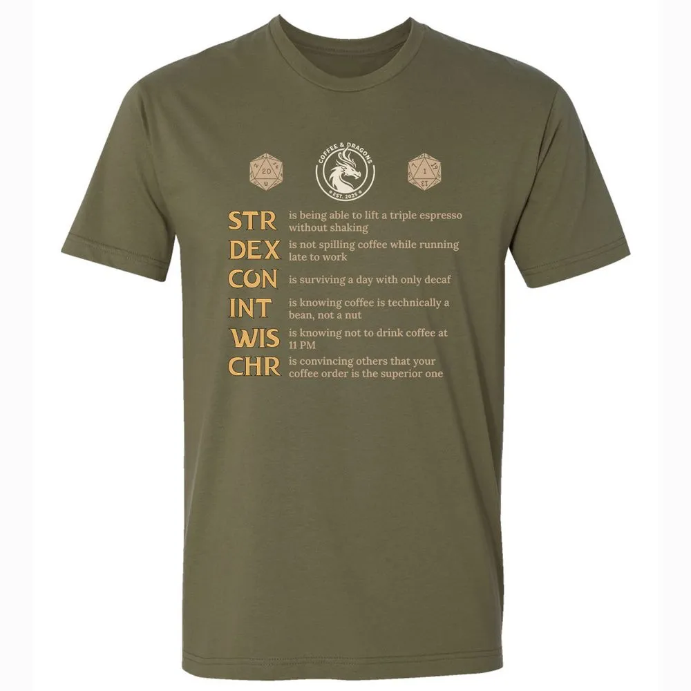 Coffee & Dragons RPG Stats Premium Unisex T-Shirt - Military Green - 5