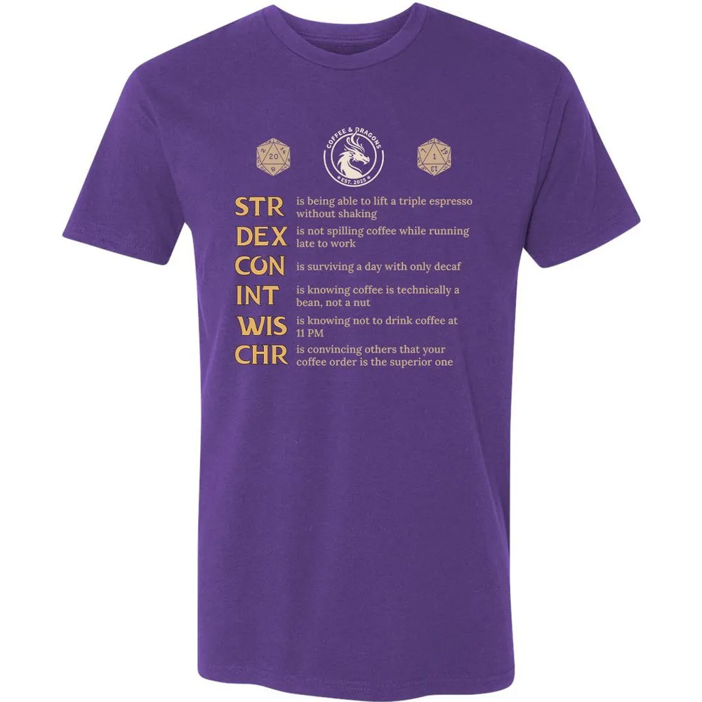 Coffee & Dragons RPG Stats Premium Unisex T-Shirt - Purple Rush - 7
