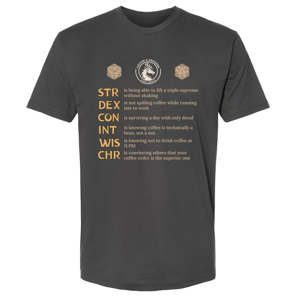 Coffee & Dragons RPG Stats Premium Unisex T-Shirt - Heavy Metal - 8