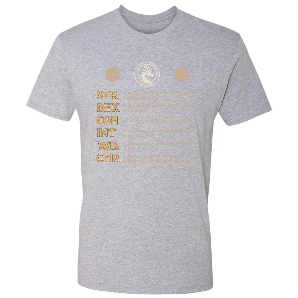 Coffee & Dragons RPG Stats Premium Unisex T-Shirt - Heather Grey - 9