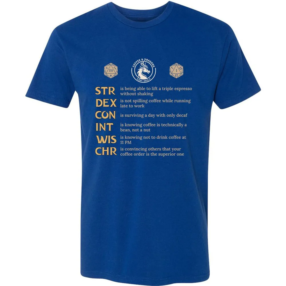Coffee & Dragons RPG Stats Premium Unisex T-Shirt - Royal - 10