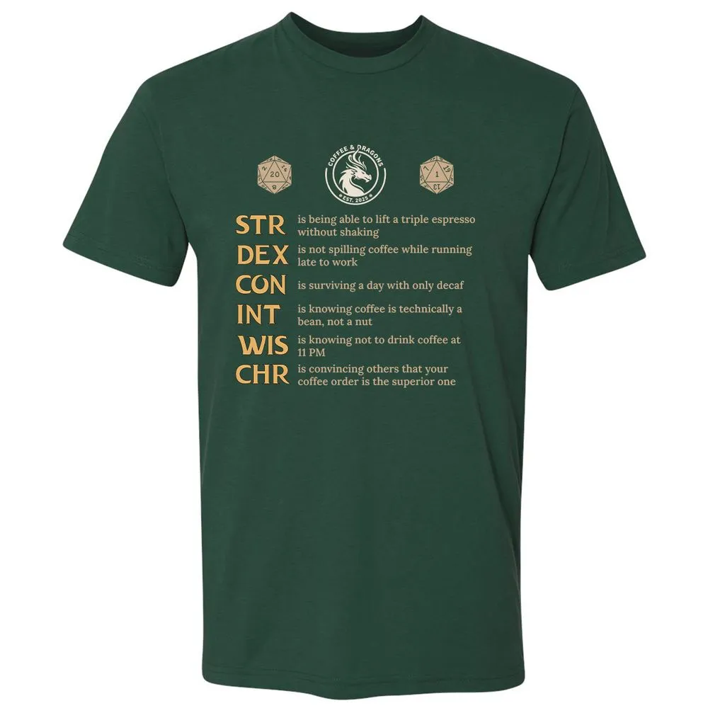 Coffee & Dragons RPG Stats Premium Unisex T-Shirt - Forest Green - 13