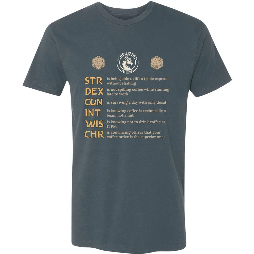 Coffee & Dragons RPG Stats Premium Unisex T-Shirt - Indigo - 15