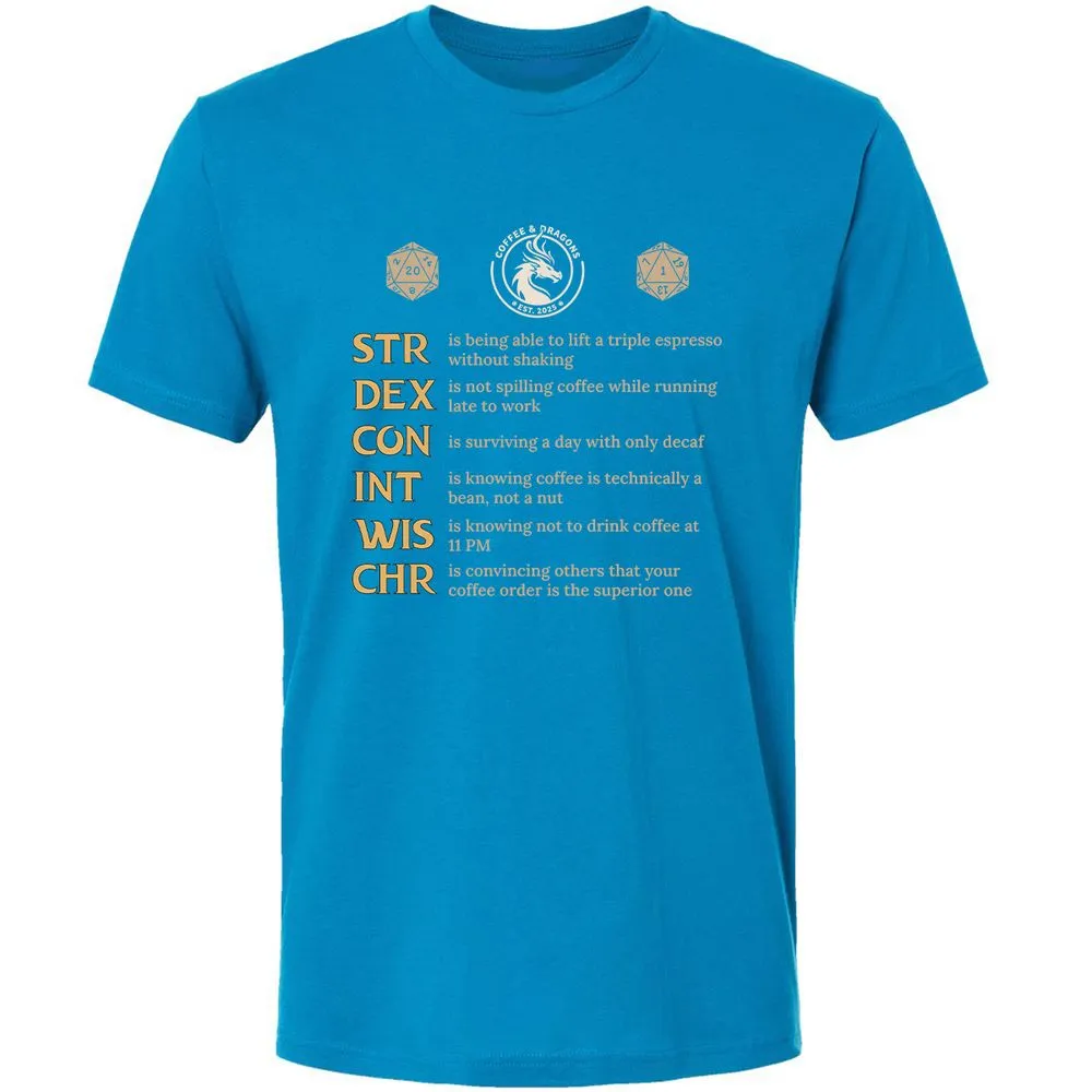 Coffee & Dragons RPG Stats Premium Unisex T-Shirt - Turquoise - 16