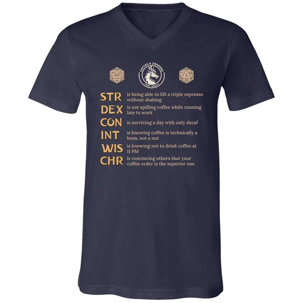 Coffee & Dragons RPG Stats Unisex V-Neck T-Shirt - Navy - 2