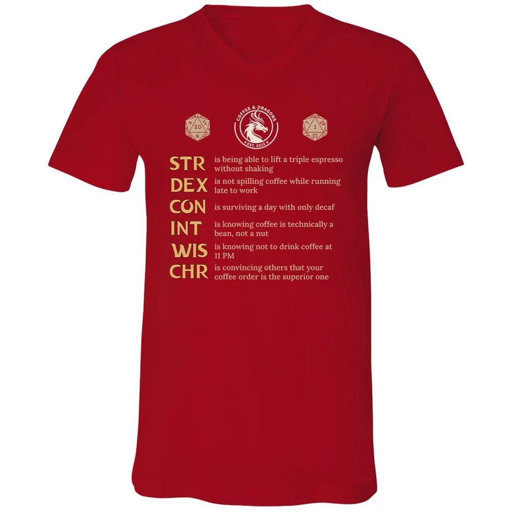 Coffee & Dragons RPG Stats Unisex V-Neck T-Shirt - Red - 3