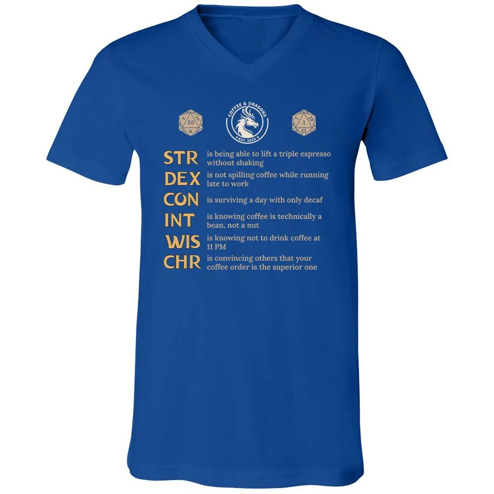 Coffee & Dragons RPG Stats Unisex V-Neck T-Shirt - True Royal - 4