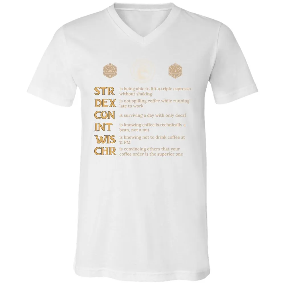 Coffee & Dragons RPG Stats Unisex V-Neck T-Shirt - White - 5
