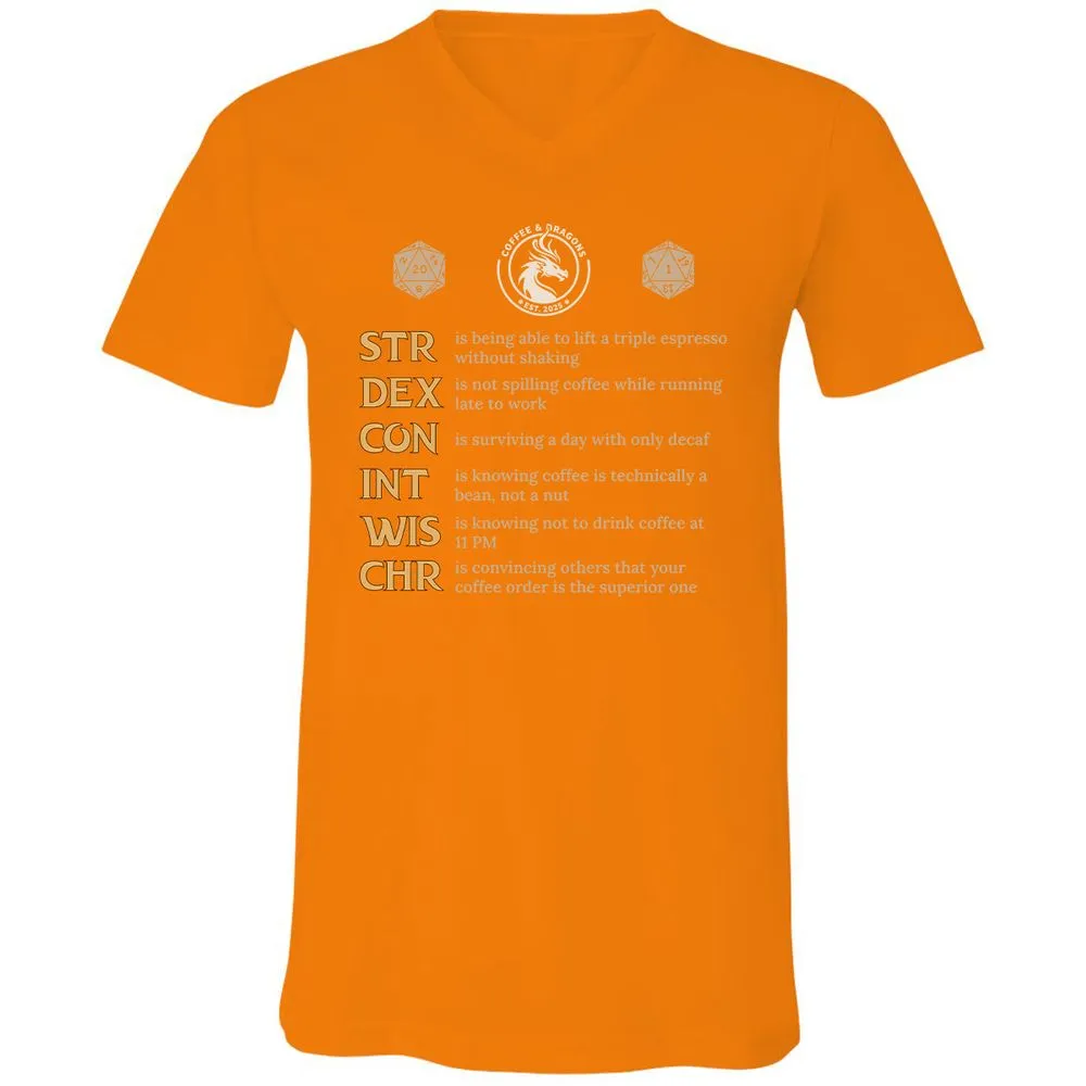 Coffee & Dragons RPG Stats Unisex V-Neck T-Shirt - Orange - 11