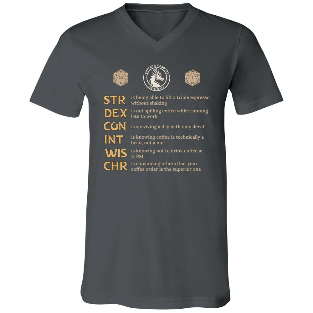 Coffee & Dragons RPG Stats Unisex V-Neck T-Shirt - Asphalt - 12