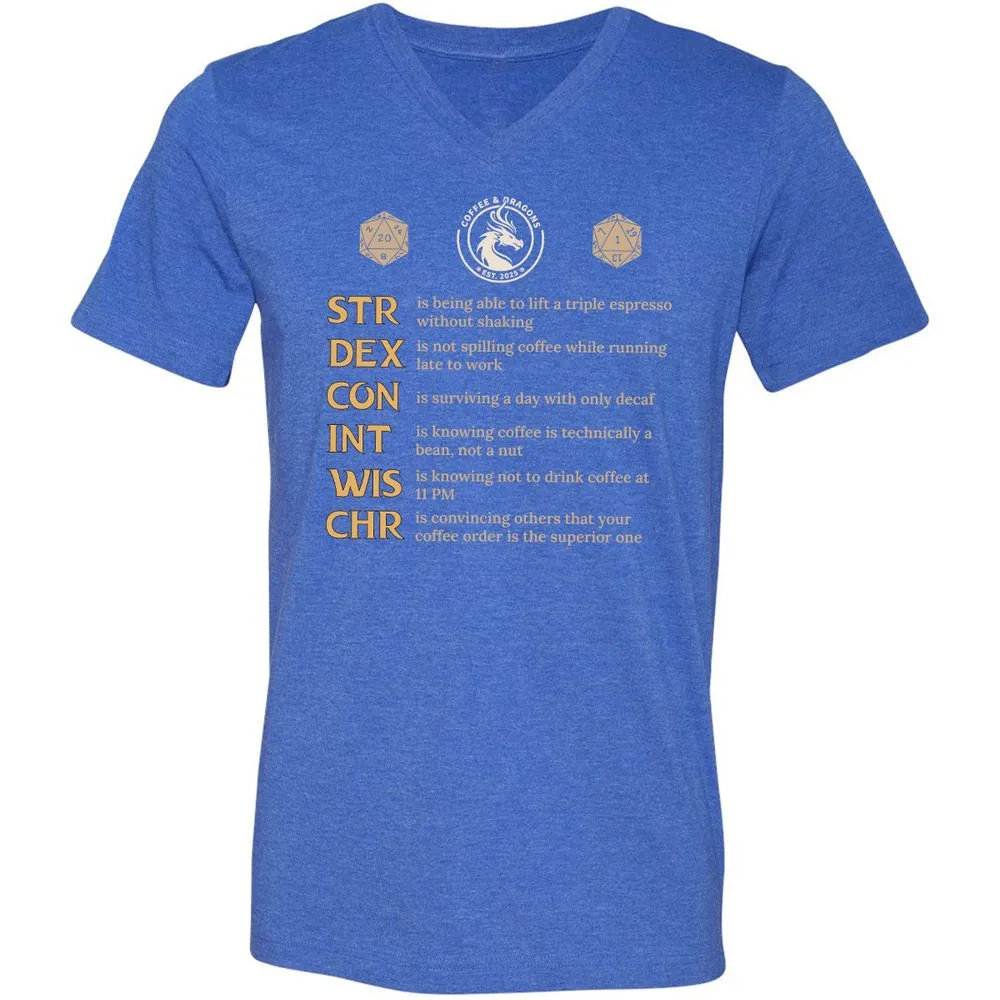 Coffee & Dragons RPG Stats Unisex V-Neck T-Shirt - Heather True Royal - 14