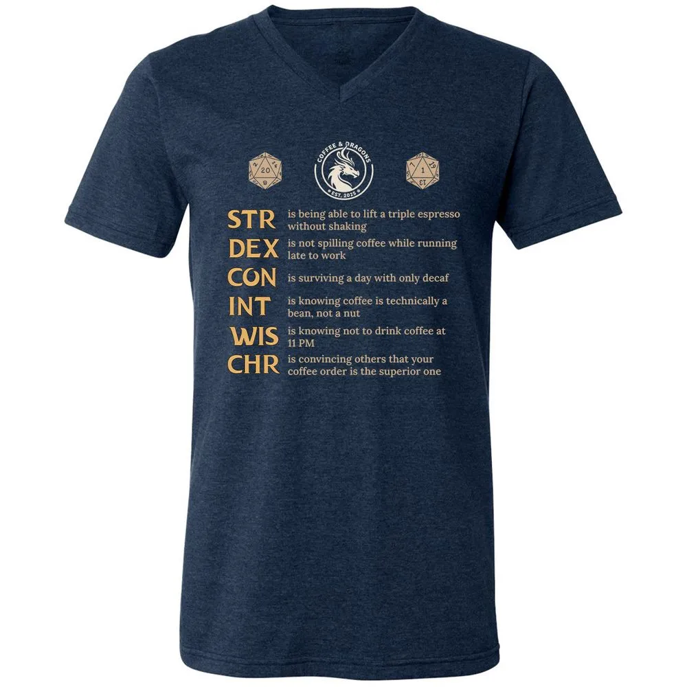 Coffee & Dragons RPG Stats Unisex V-Neck T-Shirt - Heather Navy - 15
