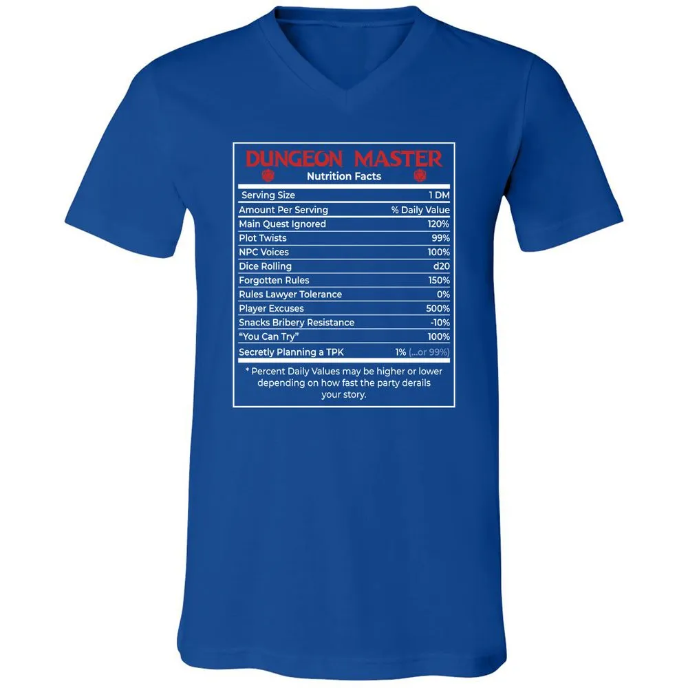 Dungeon Master Nutrition Facts Unisex V-Neck T-Shirt - True Royal - 4