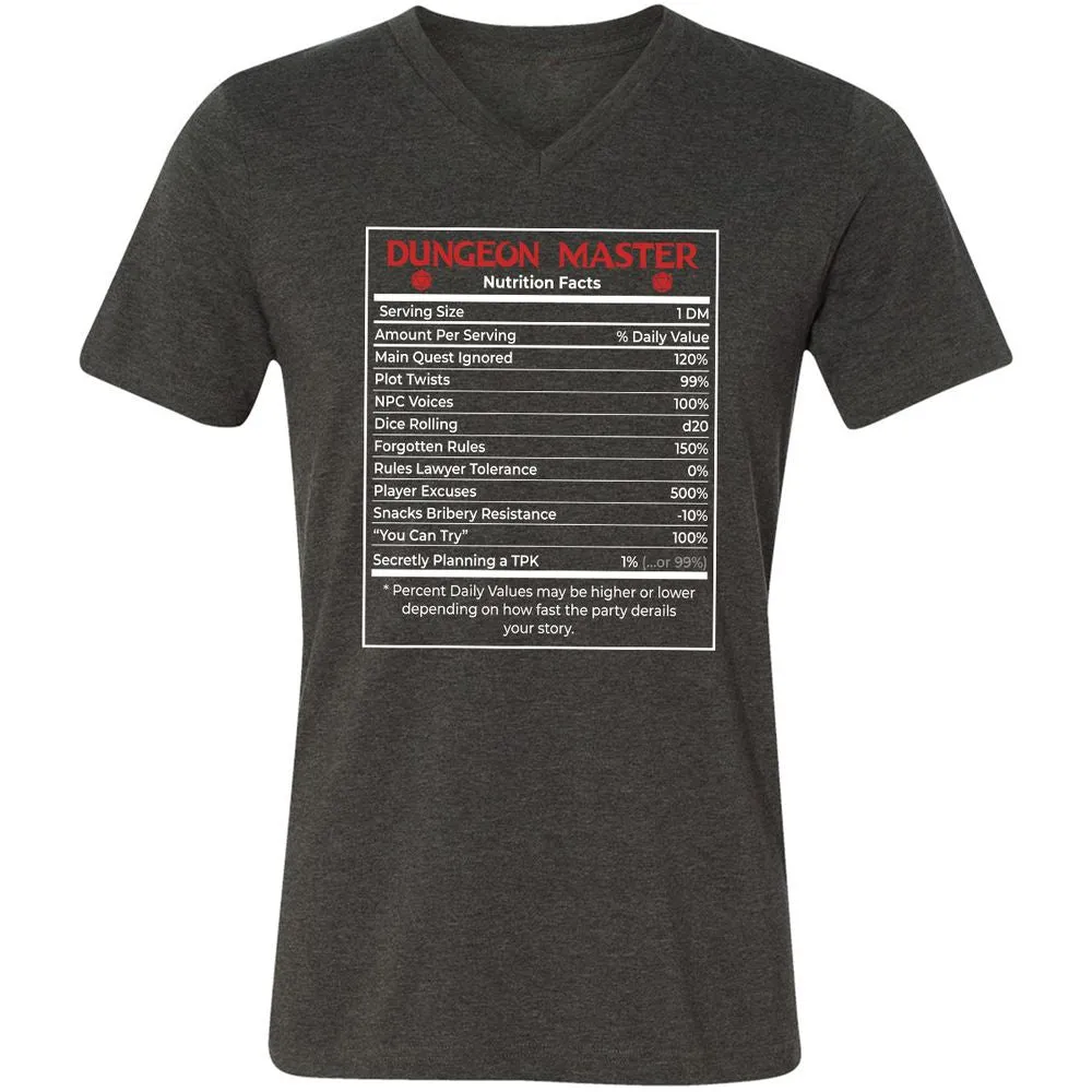 Dungeon Master Nutrition Facts Unisex V-Neck T-Shirt - Dark Grey Heather - 8