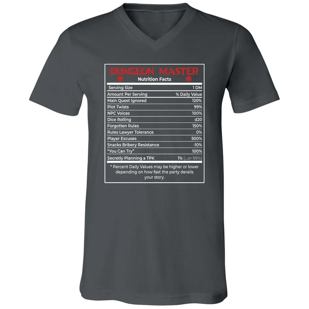 Dungeon Master Nutrition Facts Unisex V-Neck T-Shirt - Asphalt - 12