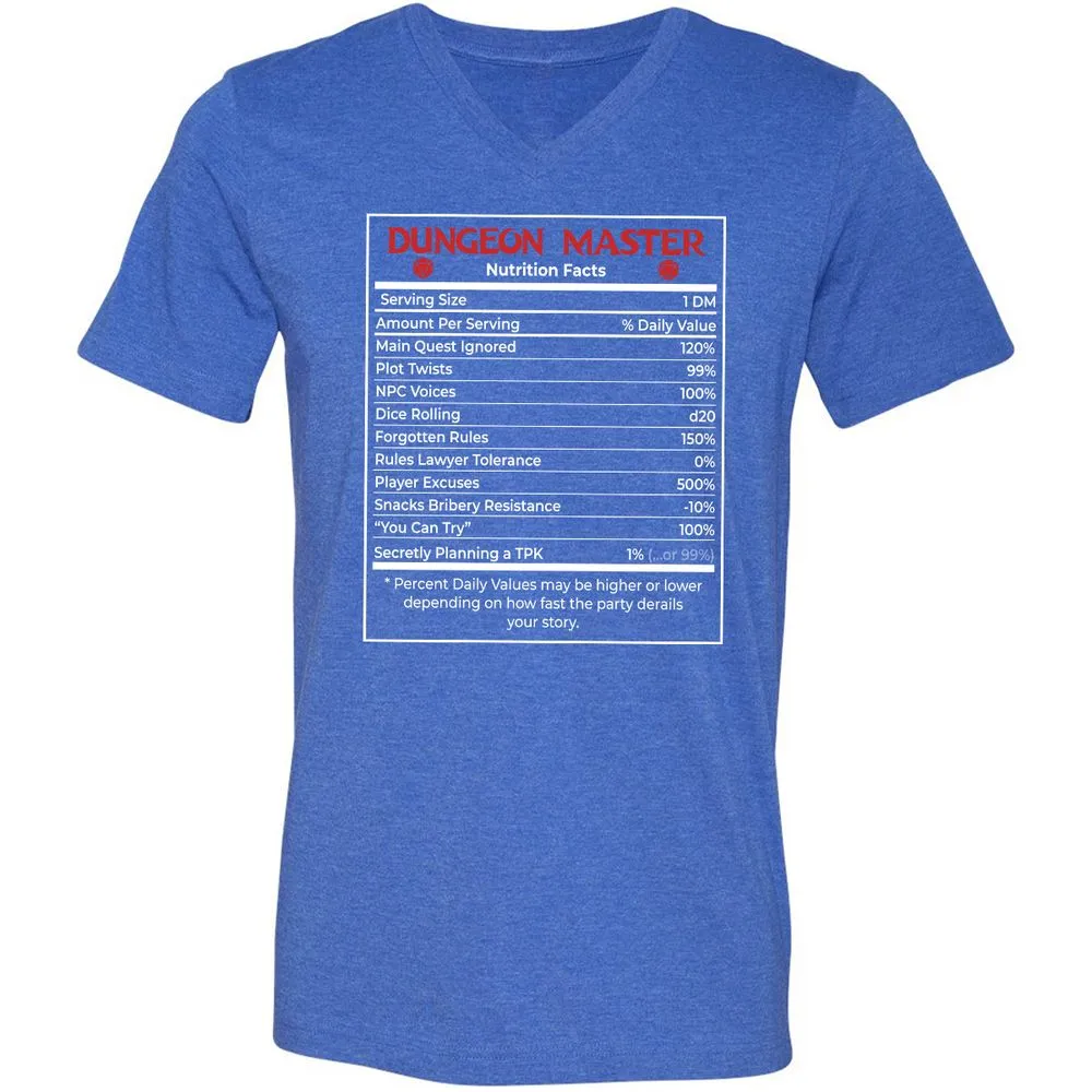 Dungeon Master Nutrition Facts Unisex V-Neck T-Shirt - Heather True Royal - 14