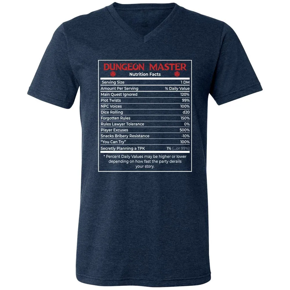 Dungeon Master Nutrition Facts Unisex V-Neck T-Shirt - Heather Navy - 15