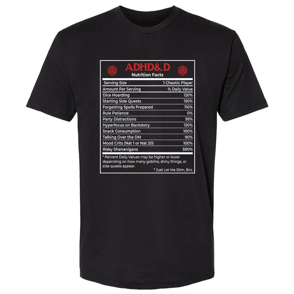 ADHD&D Nutrition Facts Premium Unisex T-Shirt - Black - 1