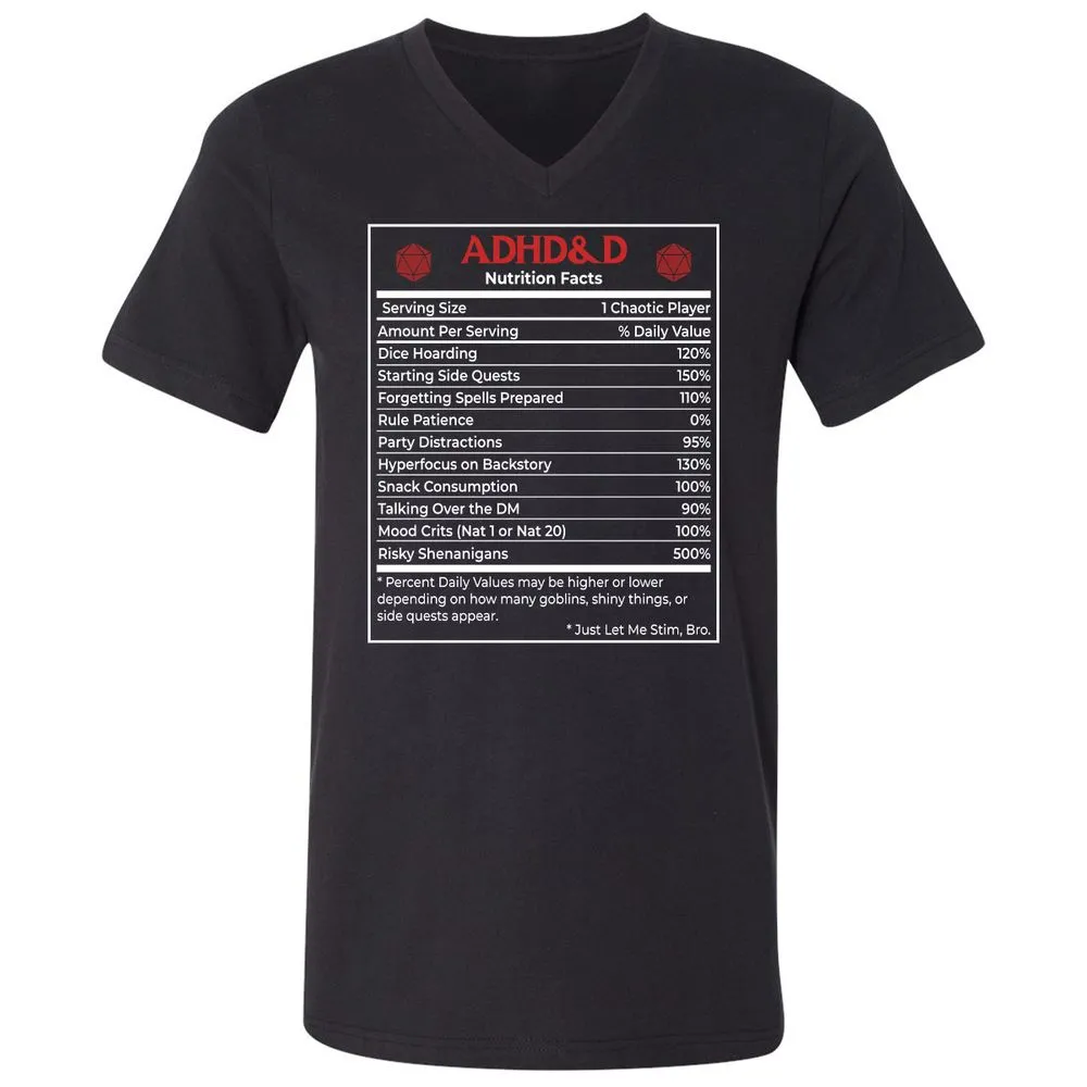 ADHD&D Nutrition Facts Unisex V-Neck T-Shirt - Black - 1