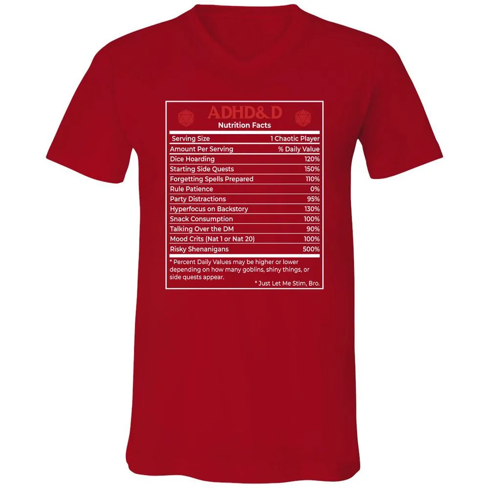 ADHD&D Nutrition Facts Unisex V-Neck T-Shirt - Red - 3