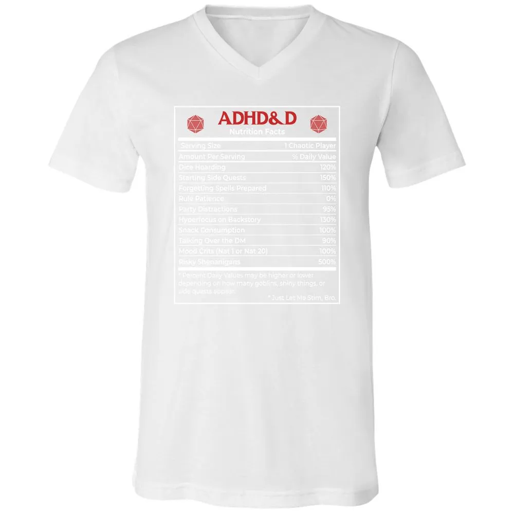 ADHD&D Nutrition Facts Unisex V-Neck T-Shirt - White - 5