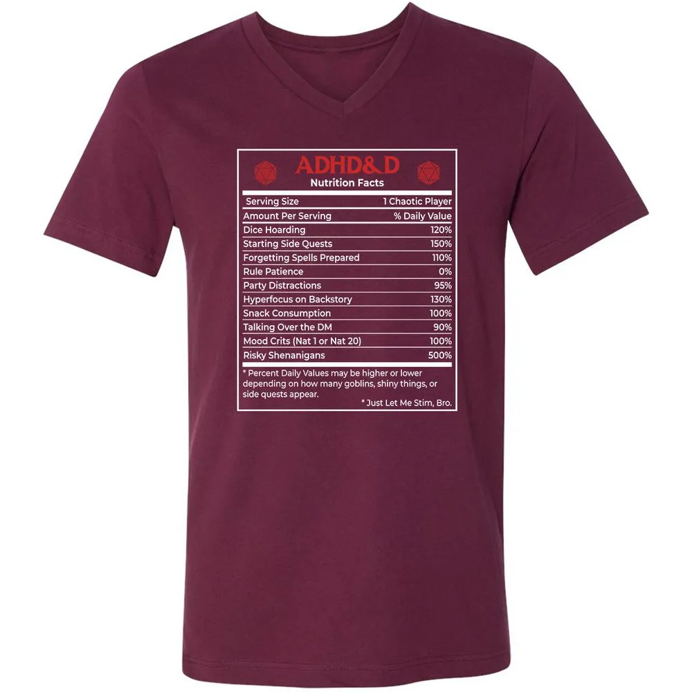 ADHD&D Nutrition Facts Unisex V-Neck T-Shirt - Maroon - 6