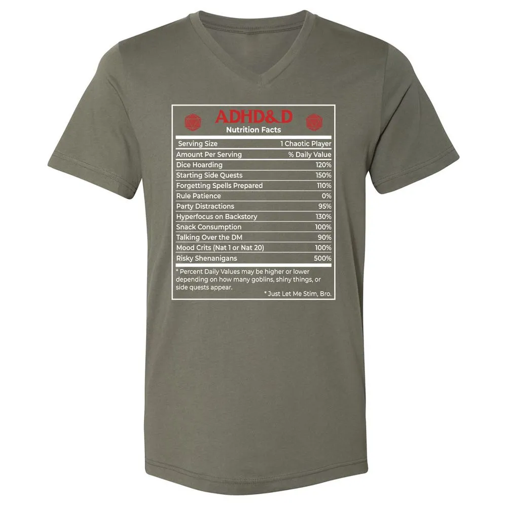 ADHD&D Nutrition Facts Unisex V-Neck T-Shirt - Military Green - 10