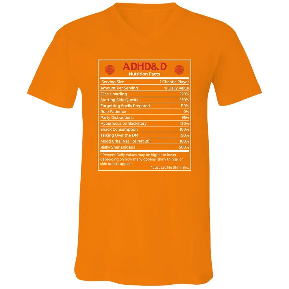 ADHD&D Nutrition Facts Unisex V-Neck T-Shirt - Orange - 11