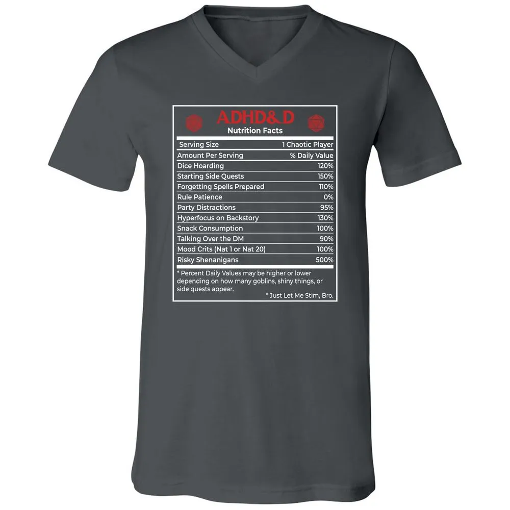 ADHD&D Nutrition Facts Unisex V-Neck T-Shirt - Asphalt - 12