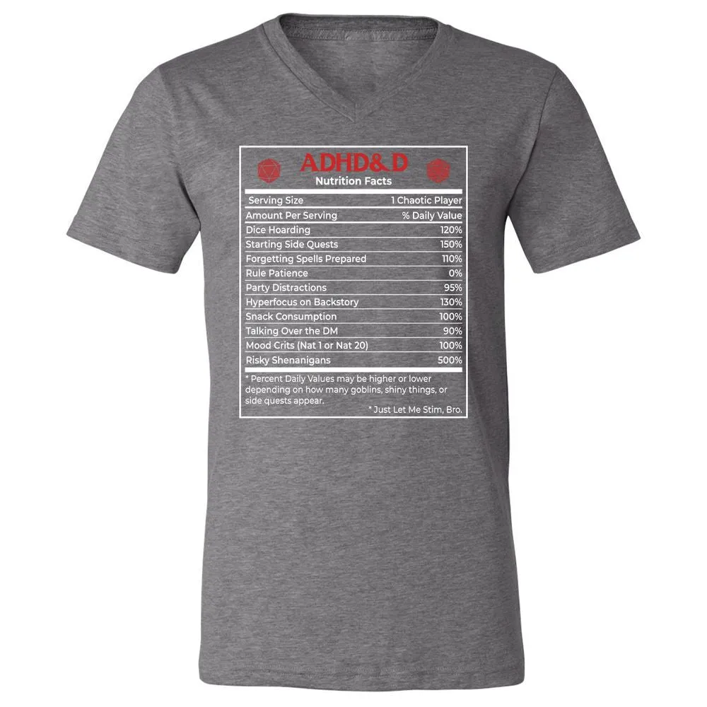 ADHD&D Nutrition Facts Unisex V-Neck T-Shirt - Deep Heather - 13
