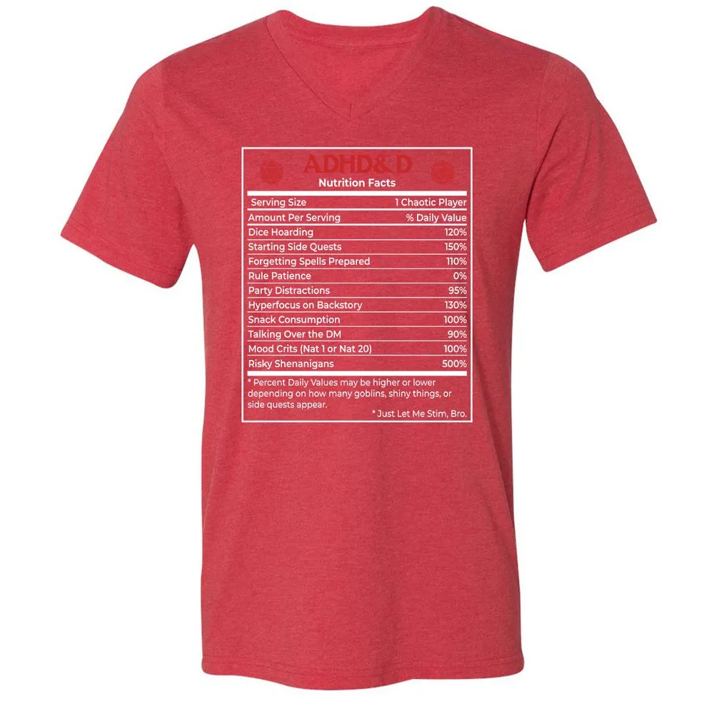 ADHD&D Nutrition Facts Unisex V-Neck T-Shirt - Heather Red - 16