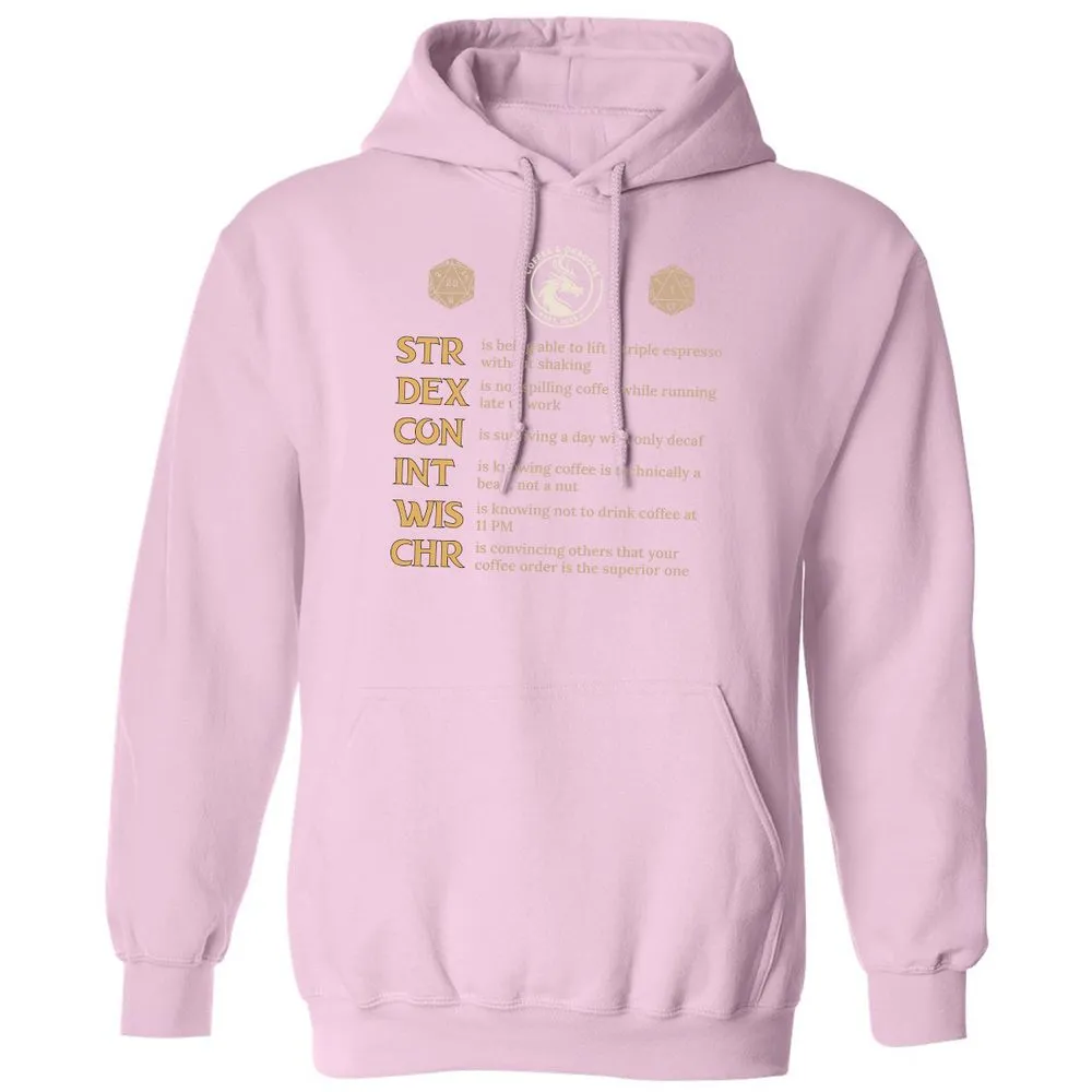 Coffee & Dragons RPG Stats Classic Unisex Hoodie - Light Pink - 3