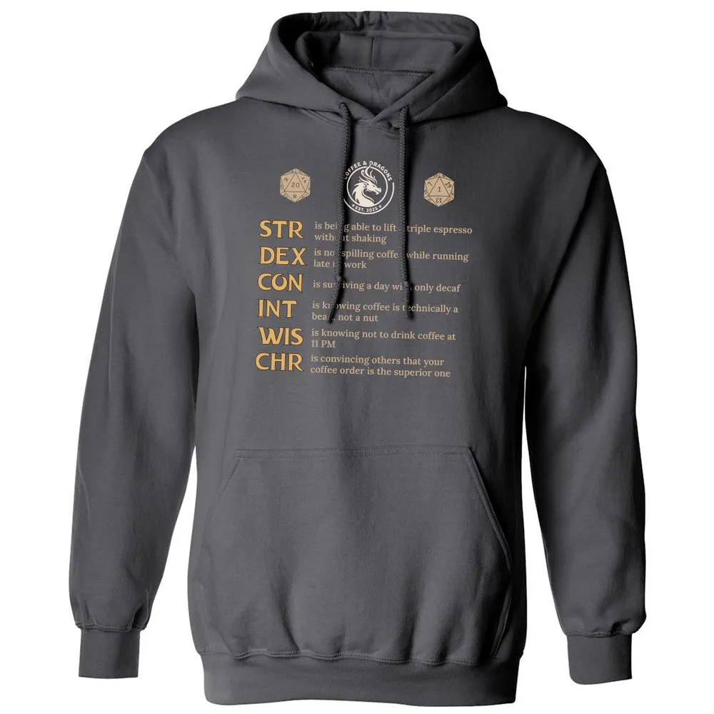 Coffee & Dragons RPG Stats Classic Unisex Hoodie - Charcoal - 7