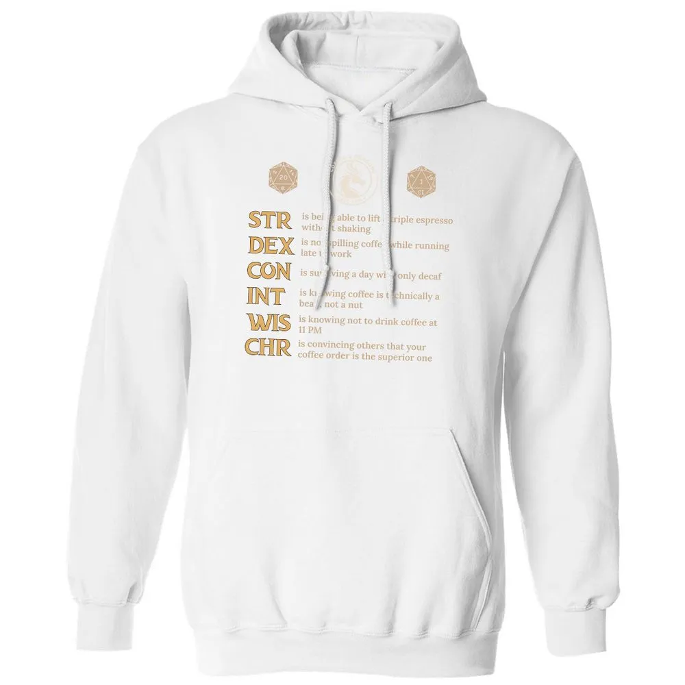 Coffee & Dragons RPG Stats Classic Unisex Hoodie - White - 11