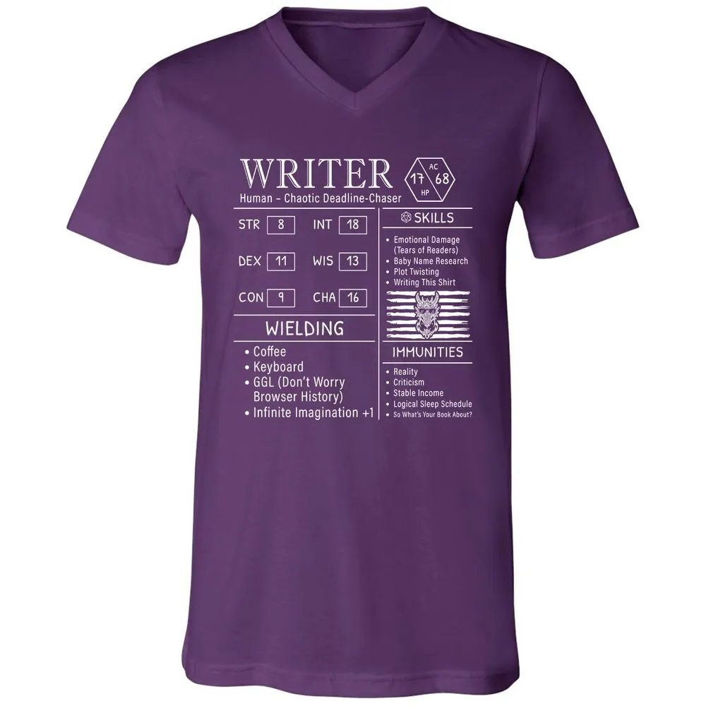 Writer Stats New Unisex V-Neck T-Shirt - Team Purple - 9