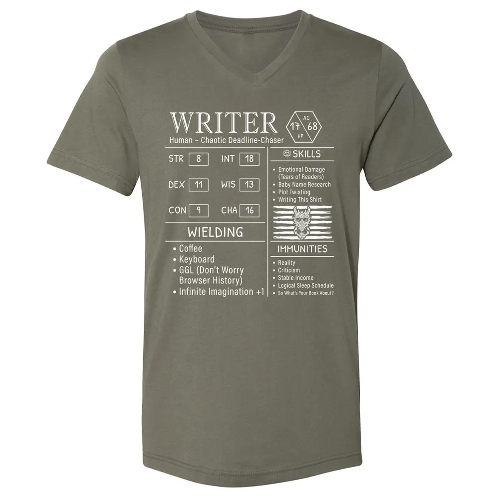 Writer Stats New Unisex V-Neck T-Shirt - Military Green - 10
