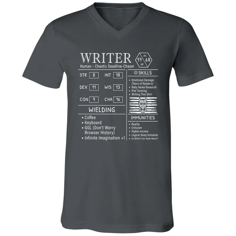 Writer Stats New Unisex V-Neck T-Shirt - Asphalt - 12