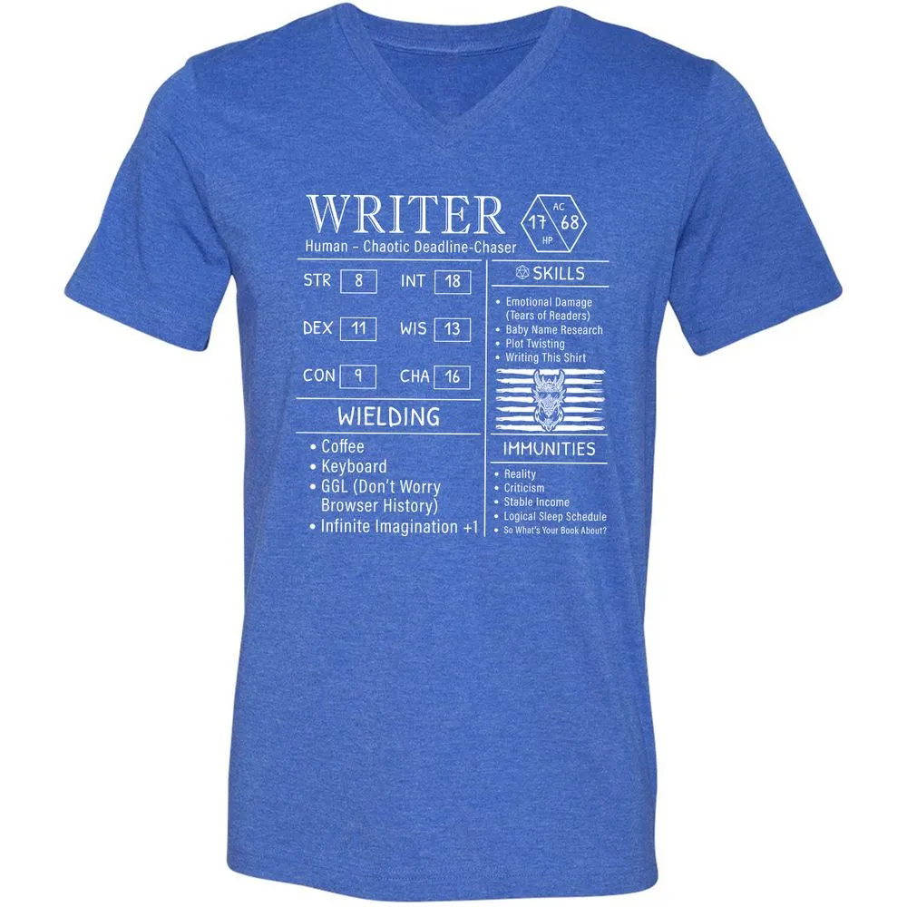 Writer Stats New Unisex V-Neck T-Shirt - Heather True Royal - 14