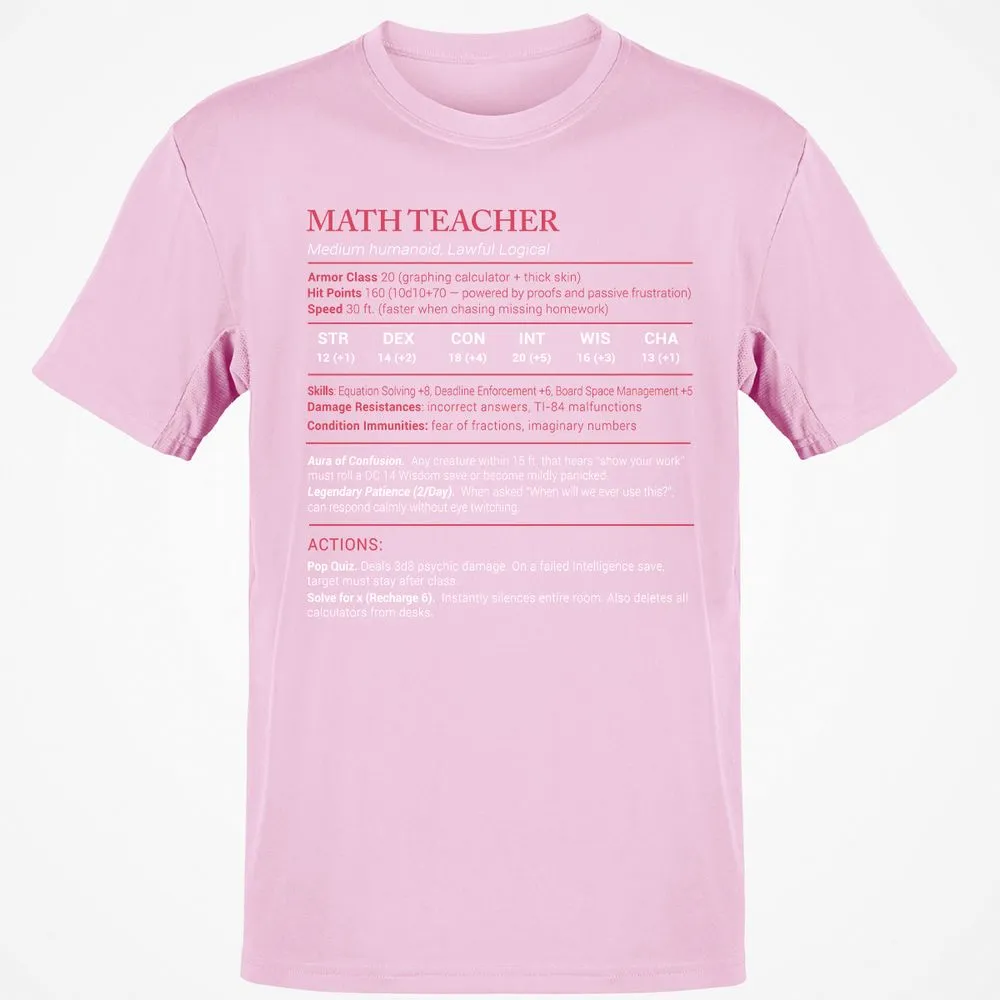 Math Teacher Stats Classic Unisex T-Shirt - Light Pink - 5