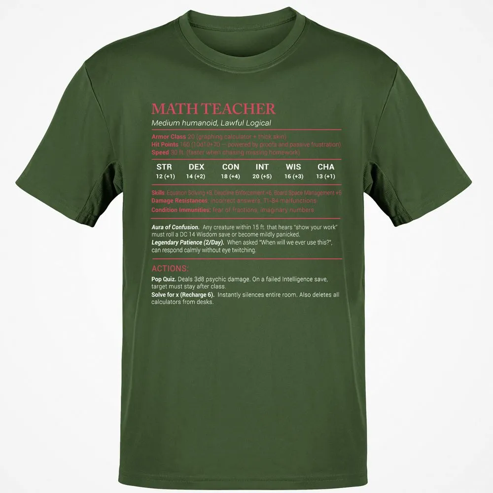 Math Teacher Stats Classic Unisex T-Shirt - Military Green - 6
