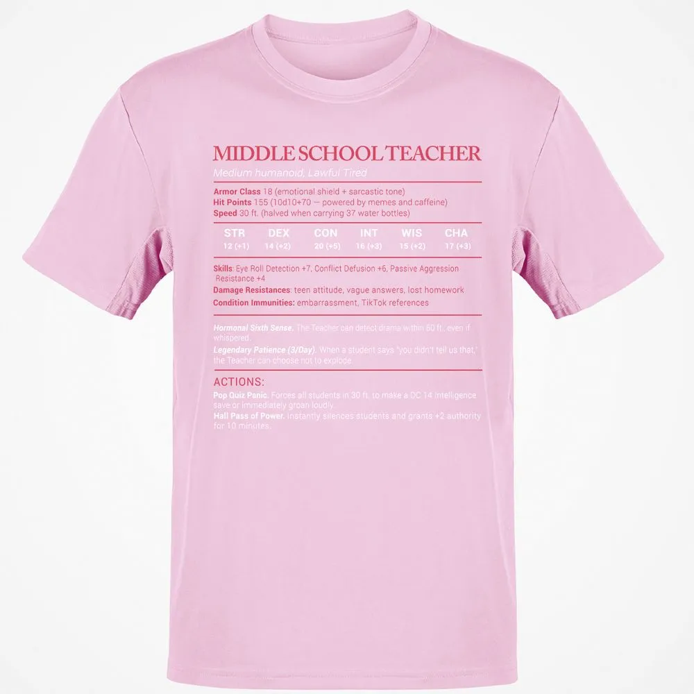 Middle School Teacher Stats Classic Unisex T-Shirt - Light Pink - 5