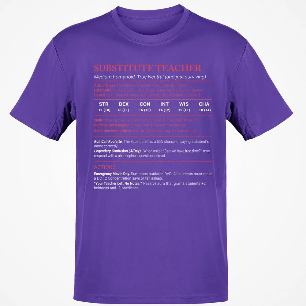 Substitute Teacher Stats Classic Unisex T-Shirt - Purple - 9