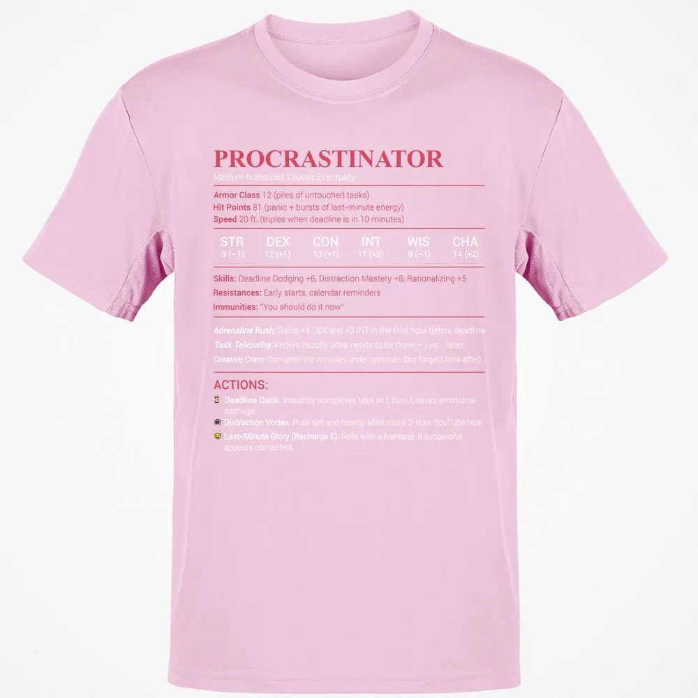 Procrastinator Stats Classic Unisex T-Shirt - Light Pink - 5