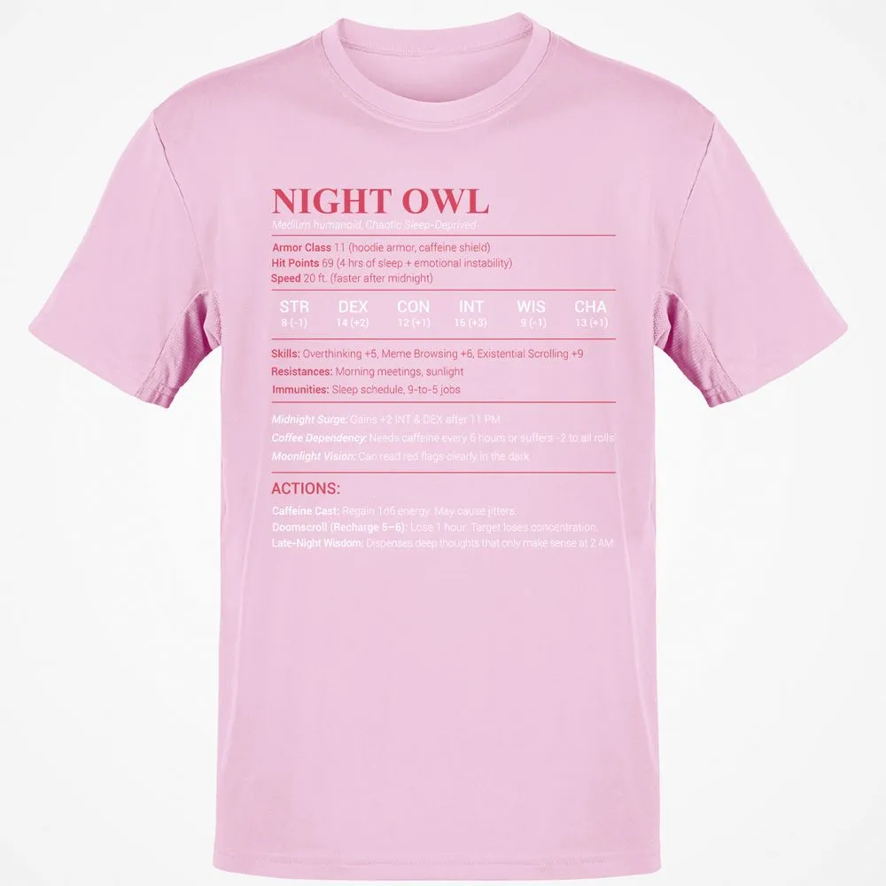 Night Owl Stats Classic Unisex T-Shirt - Light Pink - 5